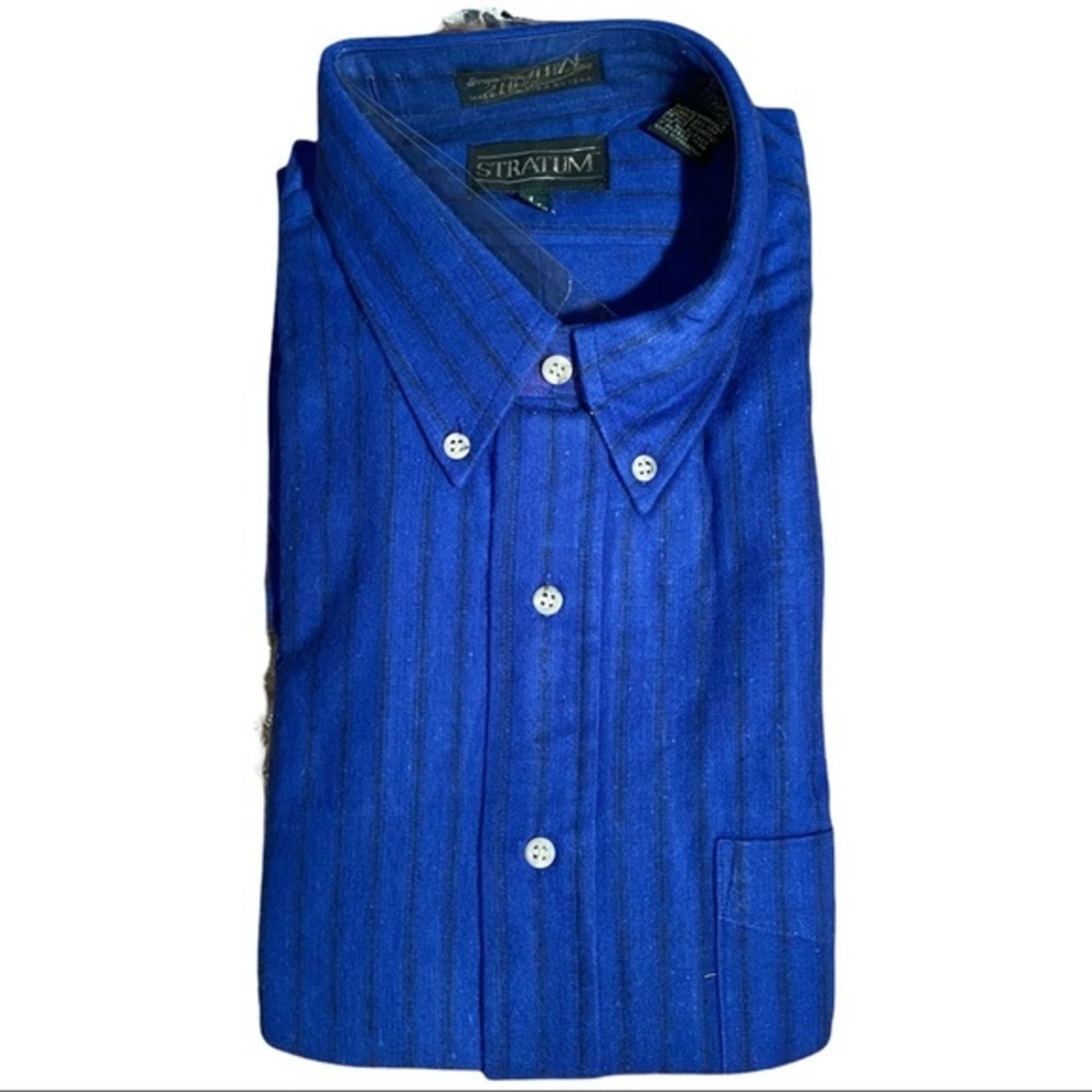 Vintage STRATUM Mens Blue &Black Striped Long Sleeve Flannel Shirt L NIB